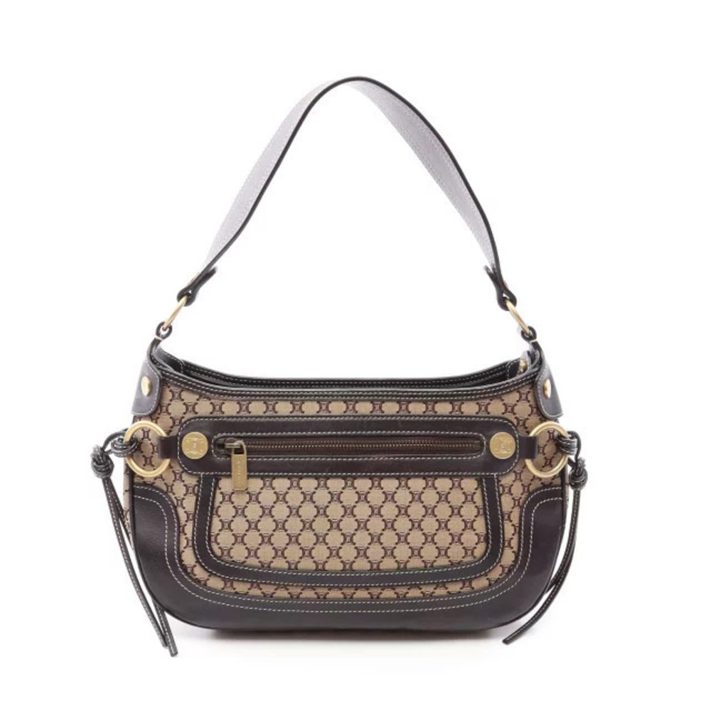 Celine Macadam Hobo Bag Canvas Leather Beige Cream Brown